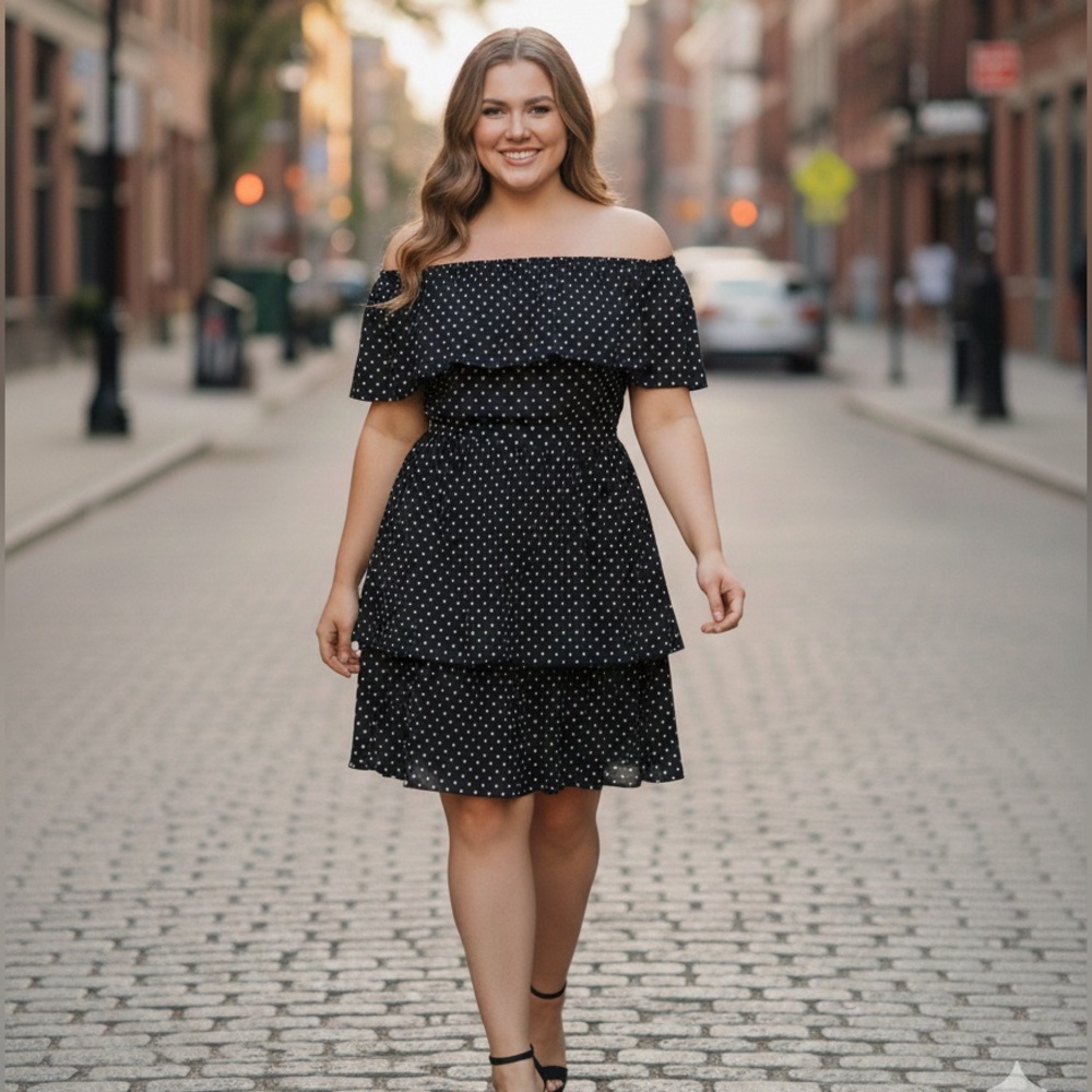 WHBM Off the Shoulder Black White Polka Dot Drop‎ Waist Layered Dress Accordion